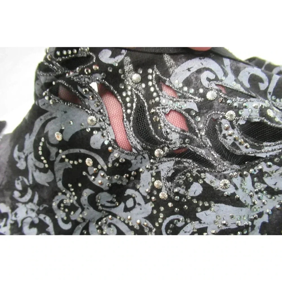 Maurices Top Burnout Tee Rhinestone Embellished Black Silver Sheer Long Sleeve - Picture 5 of 8